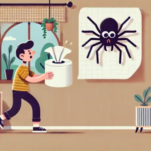 Simpl spider control A humorous illustration of a person cautiously approaching a large, comical spider on a wall while holding an oversized tissue paper. The scene has a