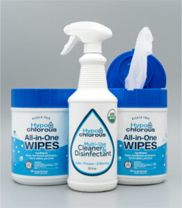 Image of several hypochlorous acid bottles arranged neatly, showcasing a safe, non-toxic disinfectant solution ideal for household and healthcare use. Labels emphasize eco-friendly and effective germ-killing properties.